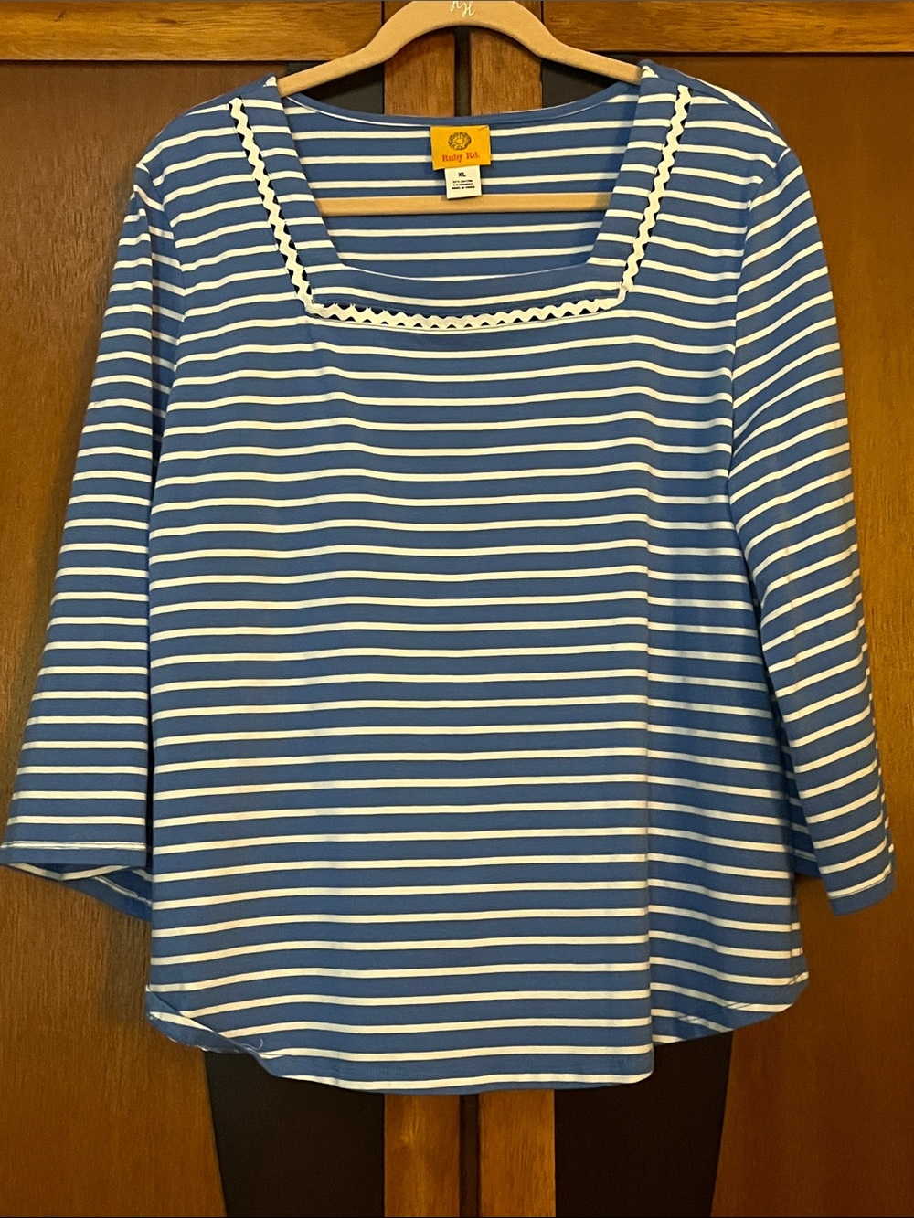 Ruby Rd. Marine Blue & White Striped Square-Neck w/Rickrack Long Sleeve Top